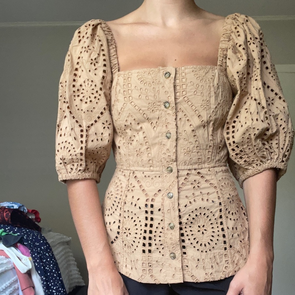 Ganni Broderie Anglaise Tan Top